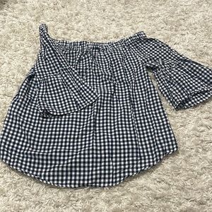 Adorable navy gingham off the shoulder top